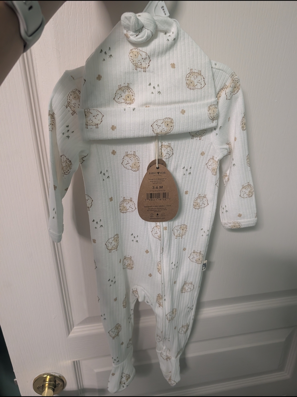 Neutral Sheep-Print Ribbed Baby One-Piece with Hat